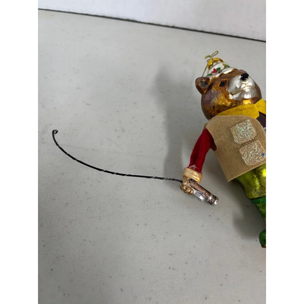 Fishing Bear Mercury Glass‎ Christmas Ornament Brown Bear Fisherman Vest Waders